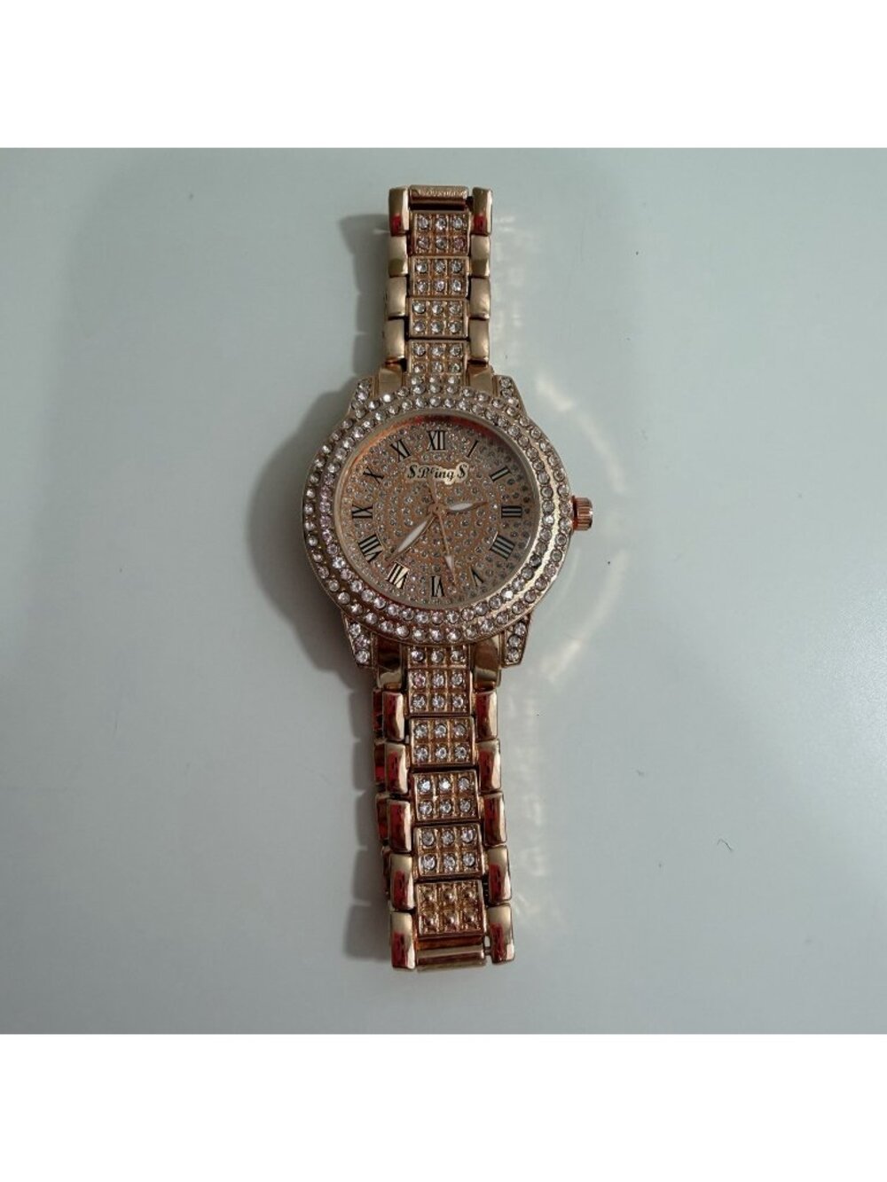 Bling Womens Rose Gold & Rhinestone Round Face Analog Wristwatch